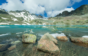 beautiful mountain lake with ice in the alps of swiss