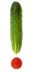 Cucumber with tomato in the shape of an exclamation mark isolated on white background
