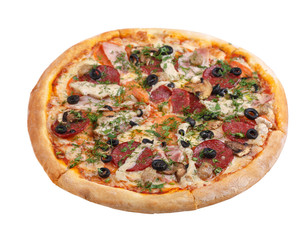 Pizza with cheese, ham, sausage, olives, salami, dill