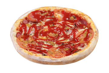 Pizza with cheese, ham, sausage, tomato, salami, dill