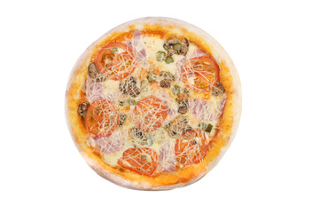 Pizza with cheese, ham, mushrooms, tomatoes, pickles and tomato