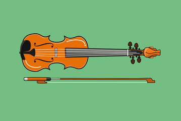 vector illustration of a brown violin and bow on green background. eps 10