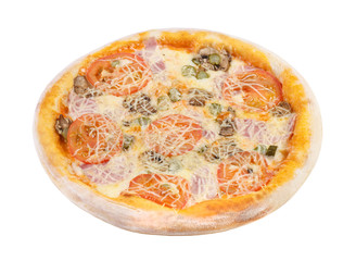 Pizza with cheese, ham, mushrooms, tomatoes, pickles and tomato