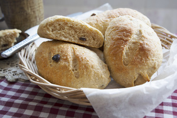 Home made whole wheat bread with raisins in the basket