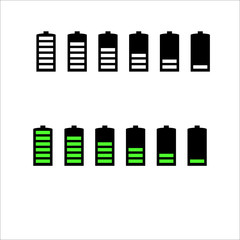 Battery life, battery level indicators black and green battery icon.