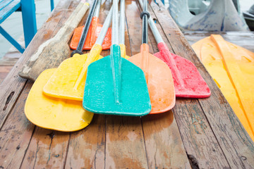 set of colorful oar and paddles of kayak and canoe sport - obrazy, fototapety, plakaty