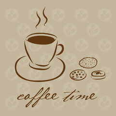 Hand drawn coffee cup with different cookies. Card with text Cof