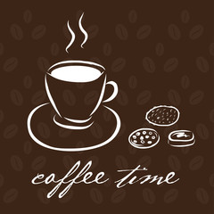 Hand drawn coffee cup with different cookies. Card with text Cof