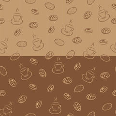 Seamless pattern with hand drawn coffee cup and different cookie