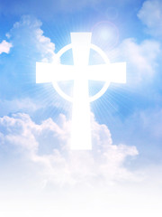 Cross of Christianity symbol on clouds