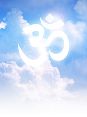 Aum or Om symbol of Hinduism on clouds