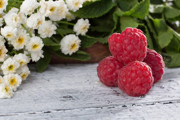 Ripe red raspberry represented on white wooden background. Some raspberries nive idea for any background.