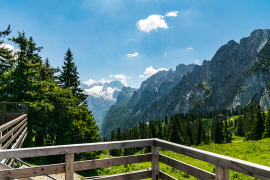 Panoramic view to Dachstein glacier over terrace
