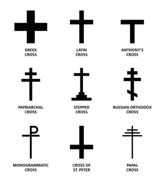 Christian cross variants. The nine most important main religious symbols of Cristianity, widely used in and on churches, on bibles, in heraldy, in personal jewelry and on hilltops. English labeling.