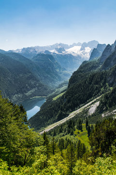 Panoramic view from above over the lake Gosausee to Dachstein glacier