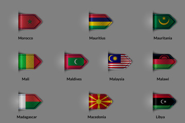 Set of flags in the form of a glossy textured label or bookmark. Morocco Mauritius Mauritania Mali Maldives Malaysia Malawi Madagascar Macedonia Libya.