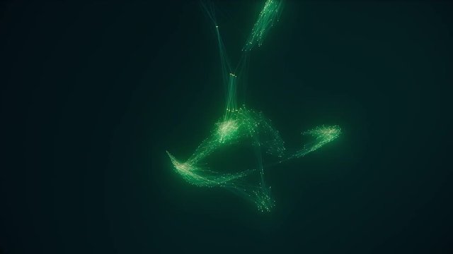 Animation of glowing connected particles. Perfect loop. A green growing network of connected dots.

