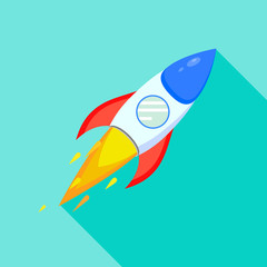 Rocket flying in space, flat icon. Vector graphic design.