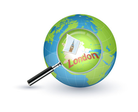 London zoomed with the magnifying glass on world globe