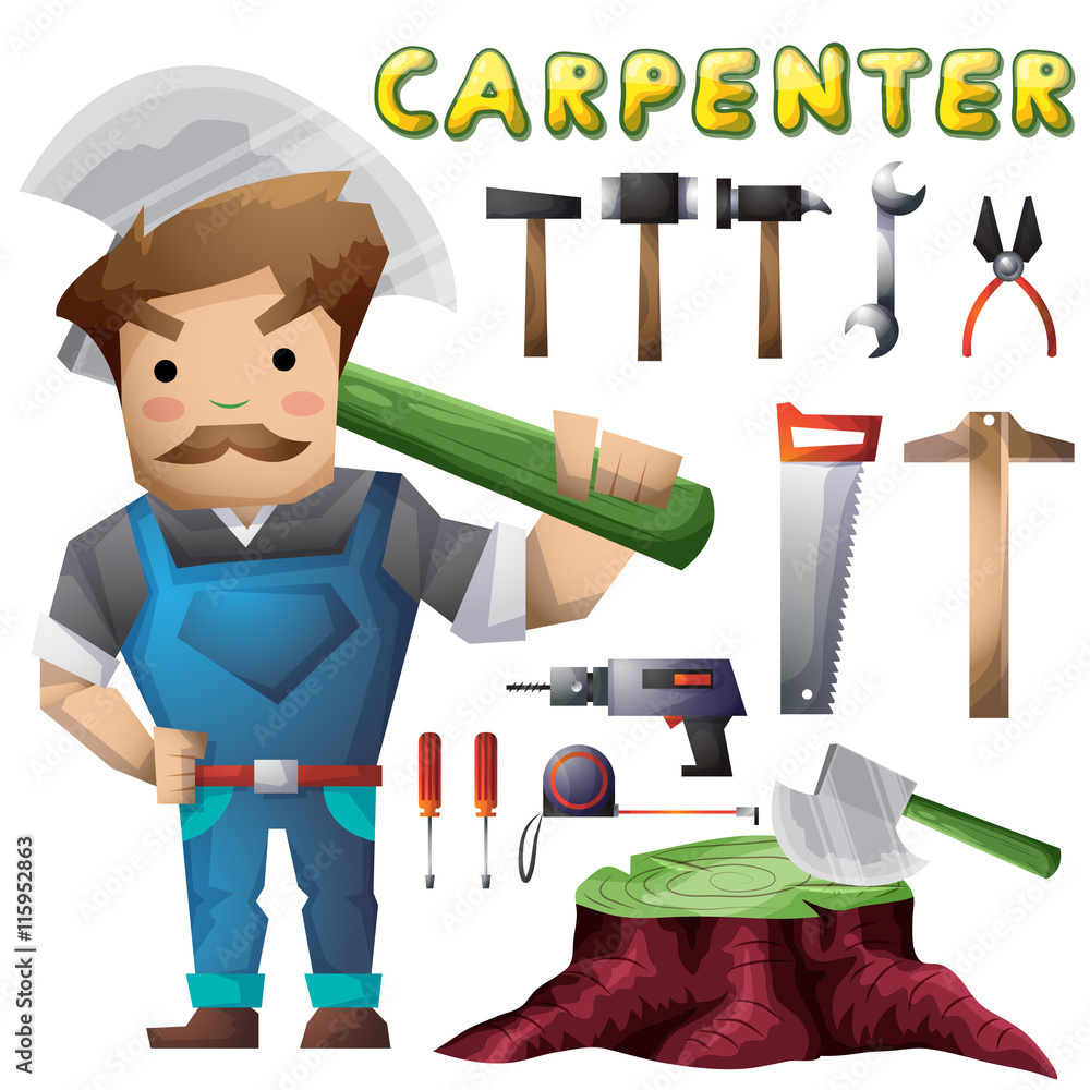 Poster carpenter man with separated layers for game and animation, game design asset
