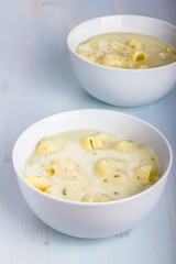Chicken soup with noodles.