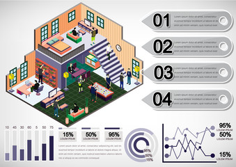 Obraz premium illustration of info graphic interior room concept in isometric graphic