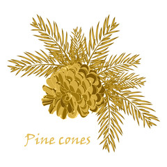 Fir tree branches with pine cone in golden color