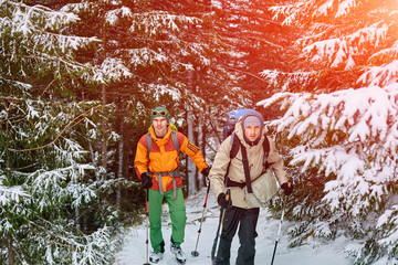 hikers on the trail in the Carpathians mountains at winter