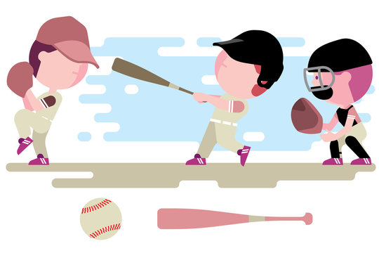 baseball kids character set, children play, flat illustration