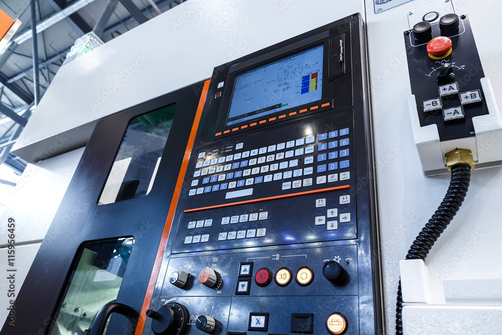 Poster manual control panel for cnc system with electronic hand wheels.