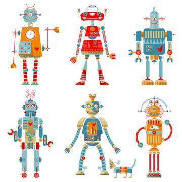 Set of 6 robots of different shapes and multiple collors.