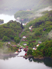 The foggy Flekkefjord and his islands in south Norway