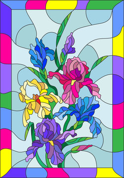 Illustration in stained glass style with flowers, buds and leaves of iris