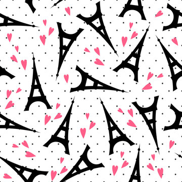 Paris symbols seamless pattern. Cute cartoon tour Eiffel with pink hearts vector illustration on polka dots background. Romantic travel in Paris. Design for textile, wallpaper, web, fabric and decor.