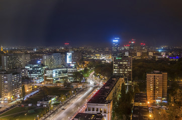 Fototapeta na wymiar Aerial view of Warsaw Financial Center at night, Poland