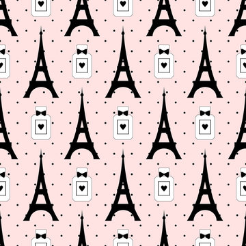 Cute cartoon tour Eiffel with perfume bottle vector illustration on pink polka dot background. Paris symbols seamless pattern. Romantic travel in Paris. Design for textile, fabric and decor.