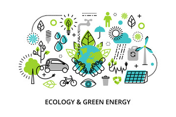 Modern flat thin line design vector illustration, infographic concept of ecology problem, generation and saving green energy  for graphic and web design - obrazy, fototapety, plakaty
