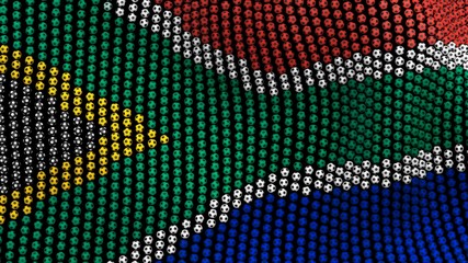 Flag of South Africa, consisting of many balls fluttering in the wind, on a black background. 3D illustration.