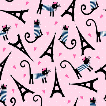 Paris symbols seamless pattern. Cute cartoon parisian cat and tour Eiffel vector illustration on pink polka dots background. French style dressed cat with beret and striped frock.