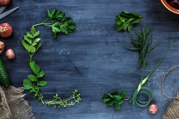 Fresh herbs frame on dark background, top view