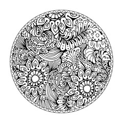 Round coloring book page design for adults.