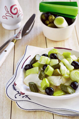 Fish Salted Cod(Baccala’) Salad with Leek and Almonds, Close-up