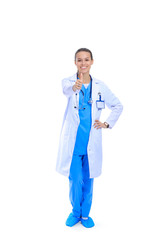 A female doctor showing ok, isolated on white background