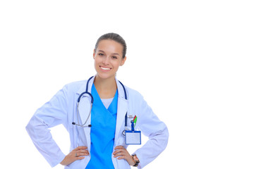 Beautiful caucasian nurse on white background.