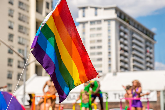 Gay Rainbow flag during 2016 Gay parade in Toronto, Canada, 2016