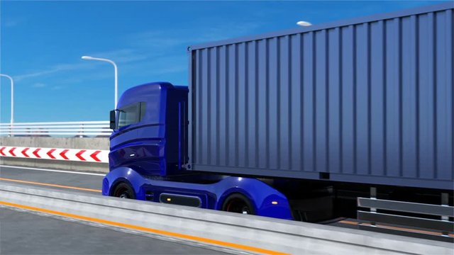 Blue hybrid truck driving on the highway. 3D rendering animation