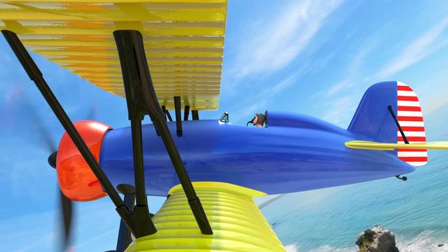 Biplane flying in the sky. 3D rendering animation