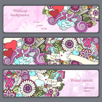Set with doodles science, medicine and flowers. Medical Background.