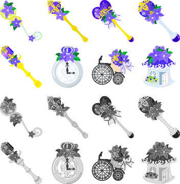The cute icons of purple flower objects such as magic stick and etc