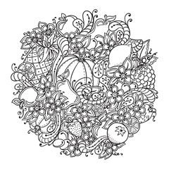 Fruits, vegetables, berries doodle. Healthy food background. Autumn pattern with pumpkin, orange, apple, pear, cherry, strawberry, lemon, pineapple, grapes, plums and flowers.